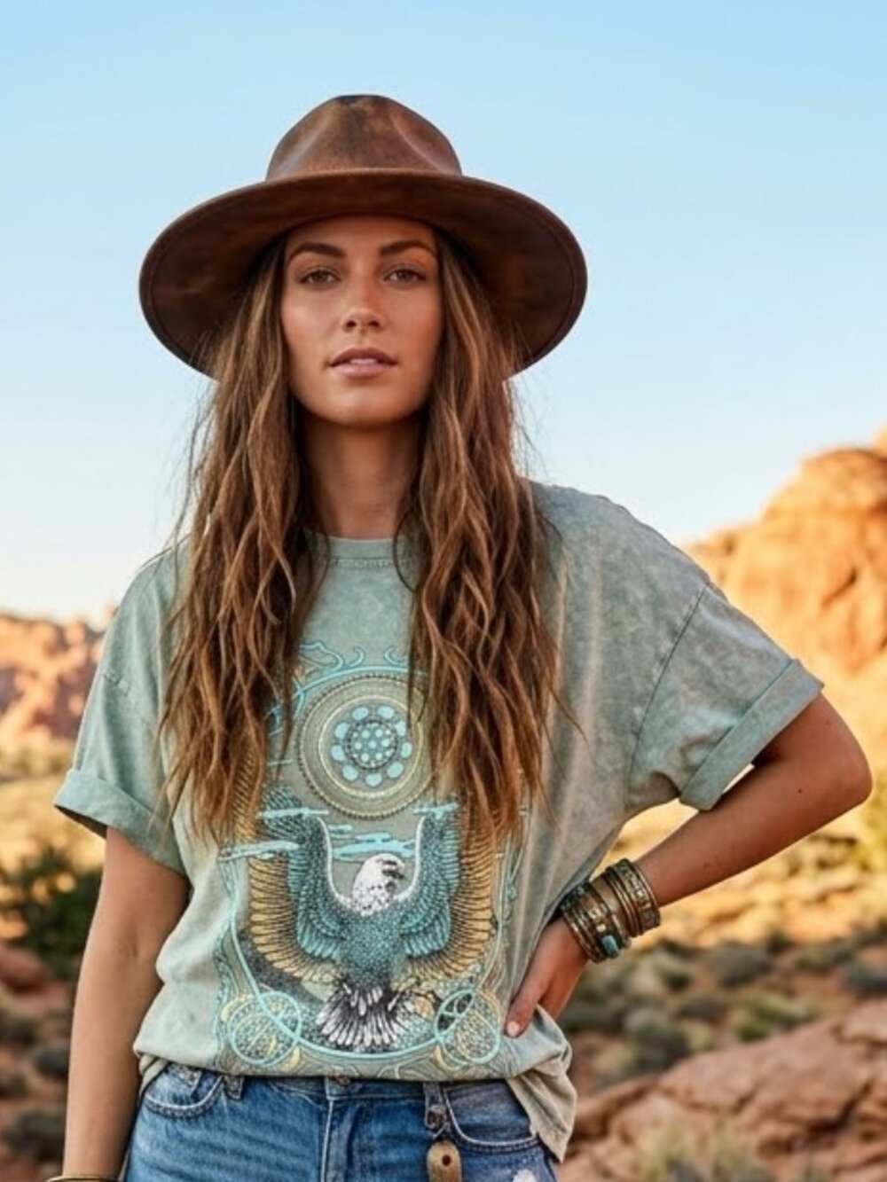 Zutter Free Bird Eagle Graphic Tee Sage Green Mineral Wash Oversized Large